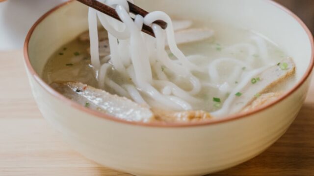 close up of a bowl of noodle soup